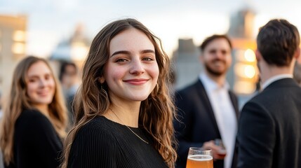 Obraz premium Extrovert Social Networking Concept, Young Professionals Networking and Socializing at Rooftop Event with Scenic City Views and Drinks in Hand