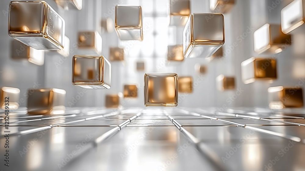 Poster abstract gold and silver cubes floating over grid.