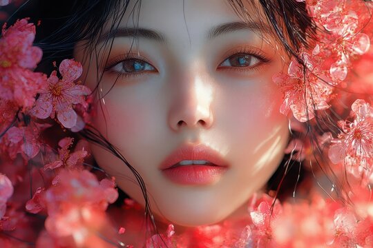 ai-generated portrait merging ethereal asian beauty with abstract floral elements, deep reds and magentas creating dreamlike atmosphere