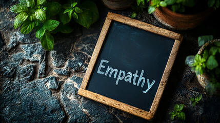 A white sign saying "Empathy" stands in grass, with a bright orange sunset behind