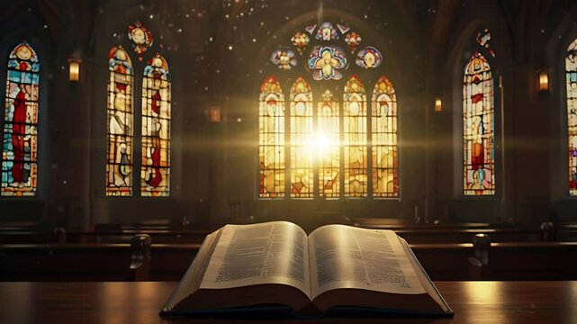 An open bible book in the church with sunlight. Seamless 4K looping timelapse video animation background