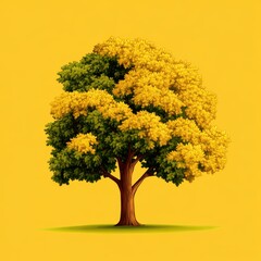 A vibrant yellow tree stands out against a bright yellow background, showcasing its lush foliage and sturdy trunk.