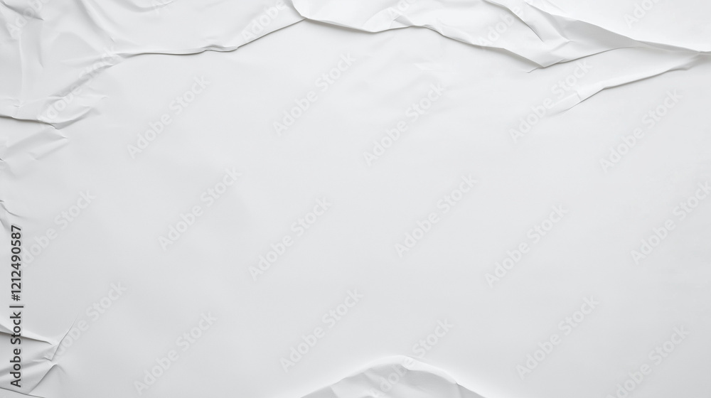Poster Minimalist high-resolution close-up of crumpled white paper surface. Smooth yet rippled texture with visible creases and folds. Even lighting enhances depth, realism, and tactile impression. A modern,