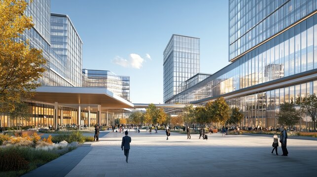 Modern cityscape plaza with pedestrians, trees, and high-rise buildings.