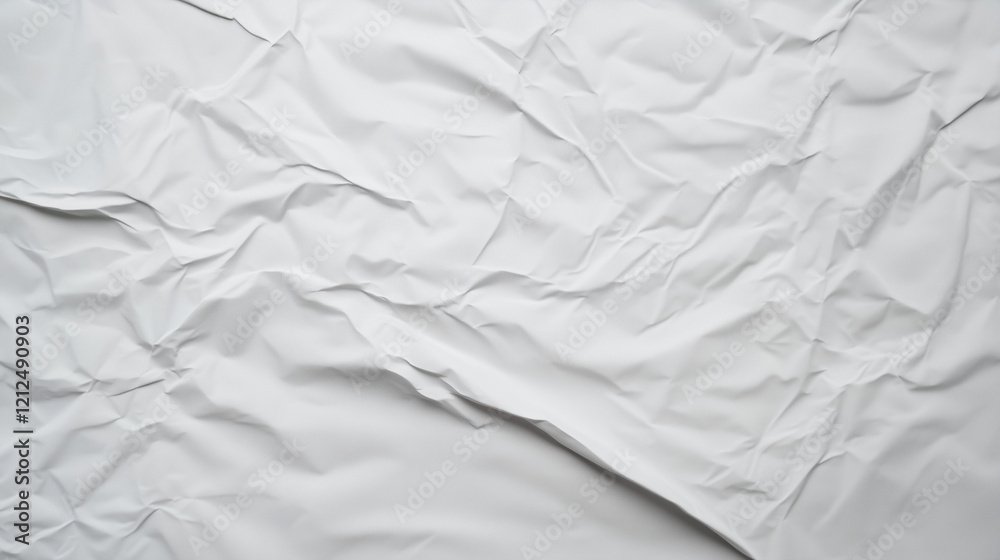 Poster Minimalist high-resolution close-up of crumpled white paper surface. Smooth yet rippled texture with visible creases and folds. Even lighting enhances depth, realism, and tactile impression. A modern,