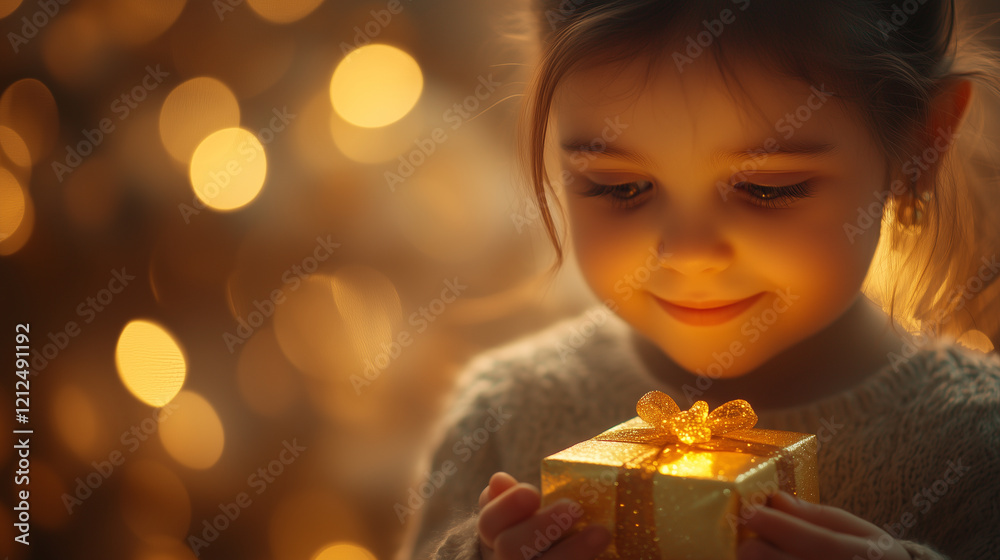 Wall mural A little girl unwrapping a small golden gift box, her eyes sparkling with excitement in a softly lit festive setting