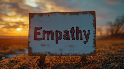 A white wooden sign with "Empathy" in red stands against a warm, blurred sunset background