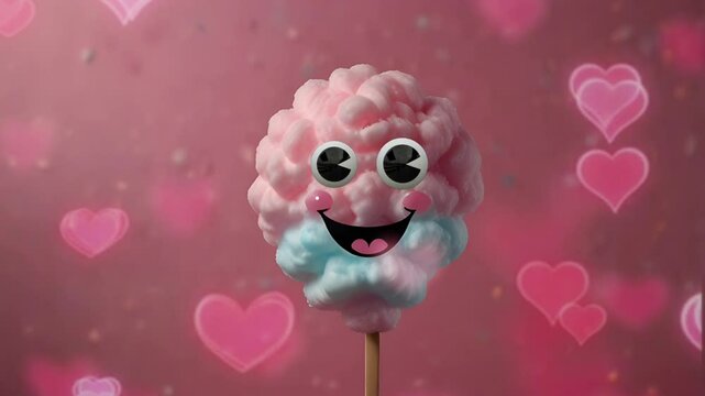Cotton candy with cute emoticons and pink background. Seamless 4K looping timelapse video animation background