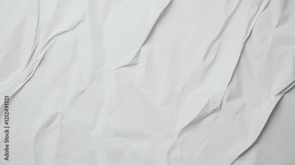 Poster Minimalist high-resolution close-up of crumpled white paper surface. Smooth yet rippled texture with visible creases and folds. Even lighting enhances depth, realism, and tactile impression. A modern,
