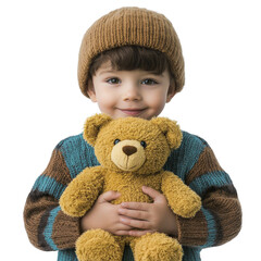 Child holding cute teddy bear indoor portrait warm light joyful expression