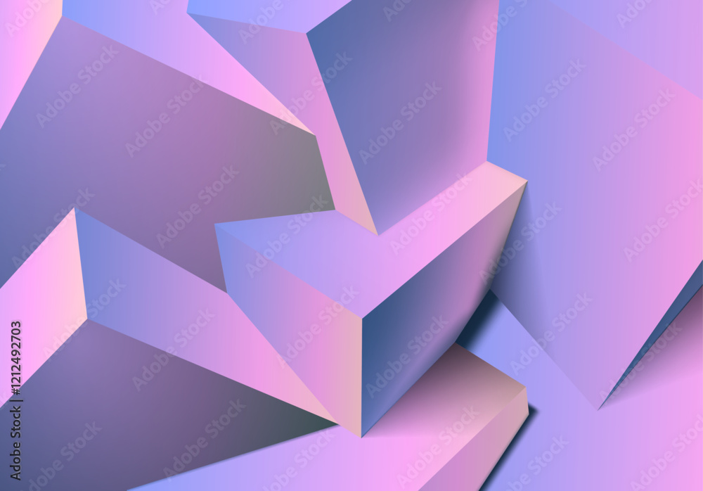 Poster Abstract 3D background with mix of cubes. Geometric shapes intersecting in violet and pink y2k styled background