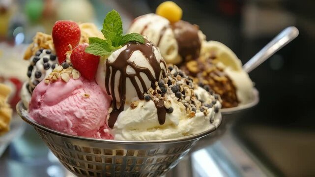 Closeup of delicious ice cream sundae with toppings and fresh fruits