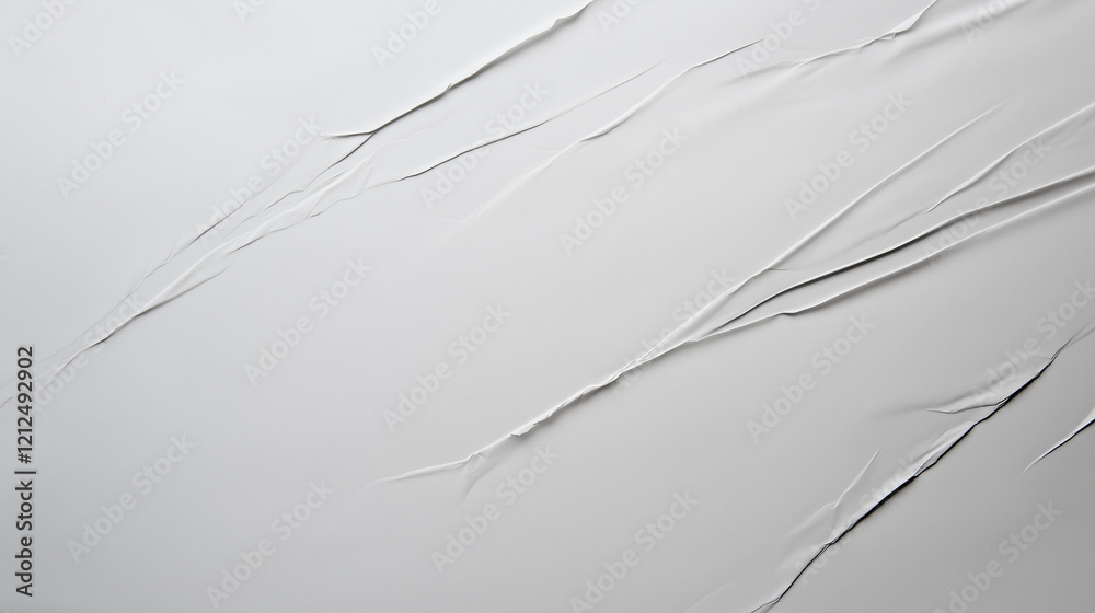Poster Minimalist high-resolution close-up of crumpled white paper surface. Smooth yet rippled texture with visible creases and folds. Even lighting enhances depth, realism, and tactile impression. A modern,