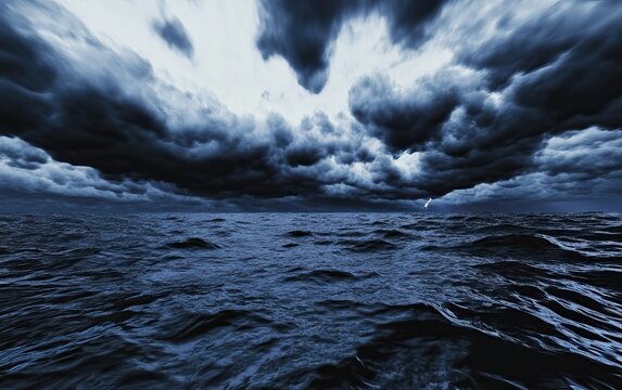 A dark, turbulent sea under a stormy sky filled with ominous clouds, creating a dramatic and foreboding atmosphere.