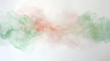 Fototapeta premium minimalist watercolor painting of soft, blurred shapes in muted greens and pinks on a white background, creating an ethereal atmosphere