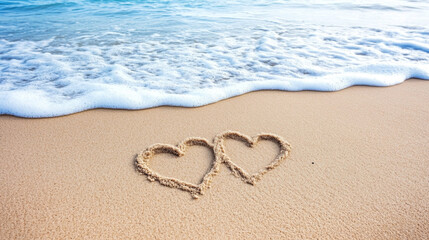 Close up of heart shaped footprints in fine sand by ocean