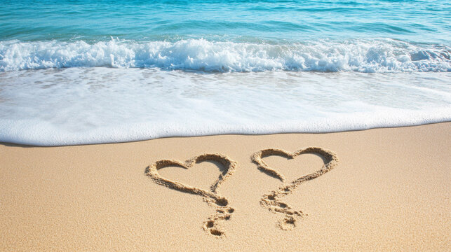 Close up of heart shaped footprints in fine sand by ocean waves, evoking love and tranquility