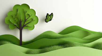 Beautiful paper cutout art depicting green landscape with butterfly