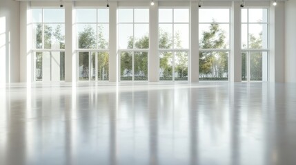 Fototapeta premium A bright and airy interior featuring expansive windows that invite natural light, showcasing a serene view of lush greenery outside, ideal for tranquil settings.
