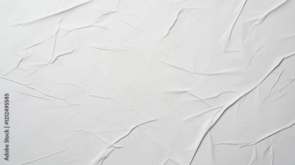 Aufkleber Minimalist high-resolution close-up of crumpled white paper surface. Smooth yet rippled texture with visible creases and folds. Even lighting enhances depth, realism, and tactile impression. A modern,