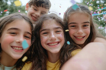 Fototapeta premium A cheerful group of girls with glittery cheeks smiling and surrounded by confetti at the party. Group fun in the photo booth.