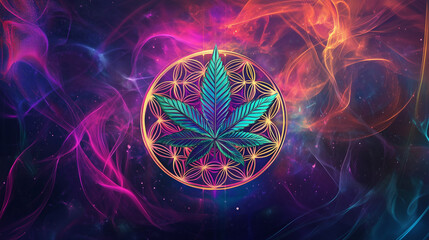 Green and blue cannabis leaf inside a golden flower of life symbol with a purple, orange and blue nebula background