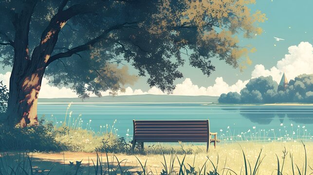 A peaceful park bench overlooking a serene lake, creating a sense of calm and tranquility.