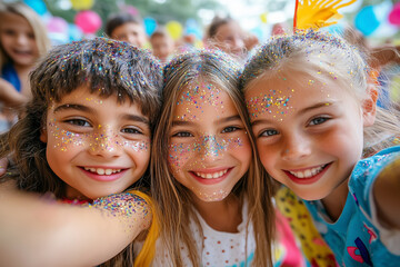 Cheerful girls with glittery faces surrounded by confetti celebrating at the party. Capturing a fun moment in the photo booth.