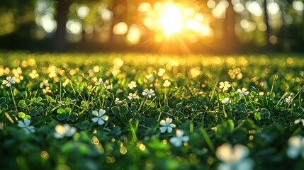 Fototapeta premium Golden Hour Meadow: Serene Sunset Over Clover Field