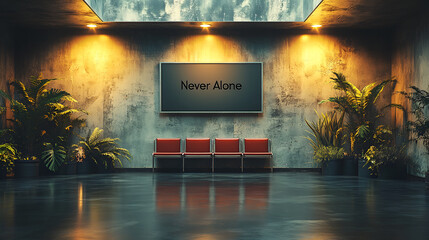 A minimalist waiting area with red seats, lush plants, and a "Never Alone" screen