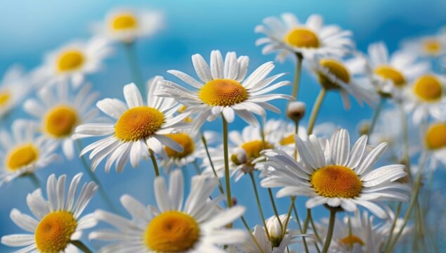 primer plano de flores. margaritas y cielo azul