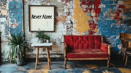 A cozy, industrial-style room features a red couch, plants, and "Never Alone" art