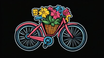 Fototapeta premium Whimsical bicycle illustration with a basket full of vibrant blooming flowers