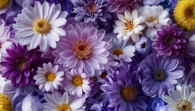 bouquet de flores blancas y purpuras. primer plano