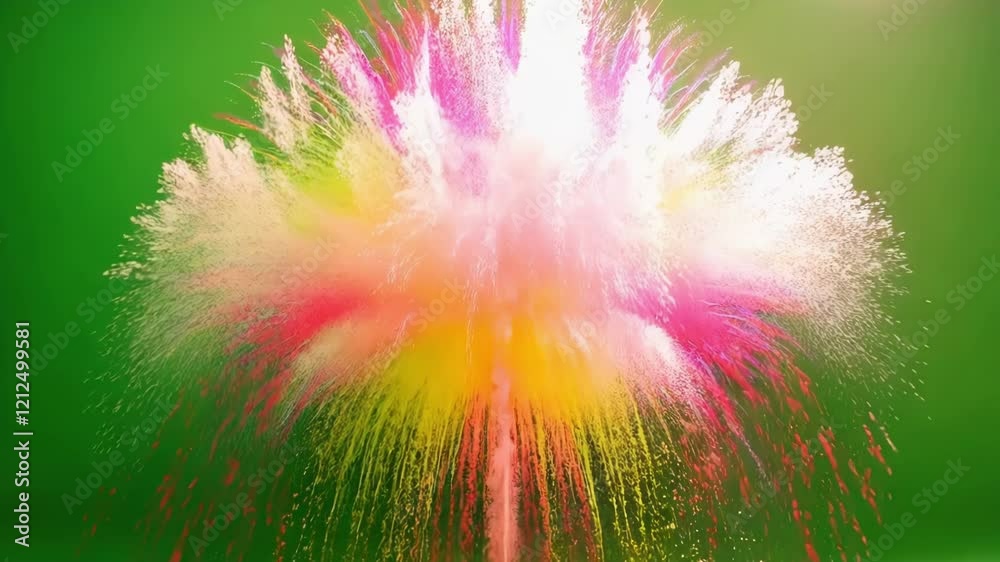 Poster vibrant multicolored powder particles violently dispersing across green screen, generating dynamic v