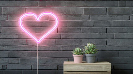 glowing neon heart sign illuminates dark brick wall, enhancing cozy atmosphere. Two potted succulents add touch of greenery