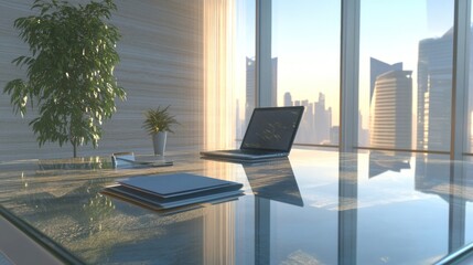 Modern glass desk in a high-rise office with city view at sunrise.
