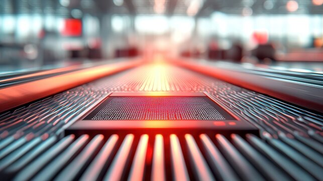 The airport conveyor belt system moves luggage efficiently. Close-up of a circuit board with glowing components and blurred background.