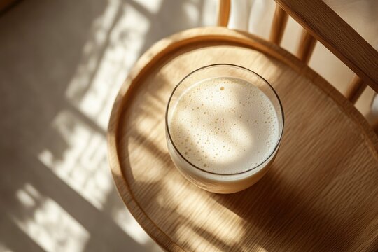 Warm sunlight dances on wooden chair, illuminating glass of frot