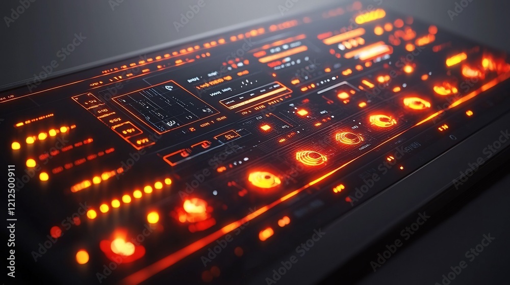 Poster futuristic orange interface with glowing buttons and digital display.
