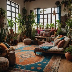 Bohemian Chic: A colorful, eclectic space filled with textured rugs, patterned pillows, and hanging plants.