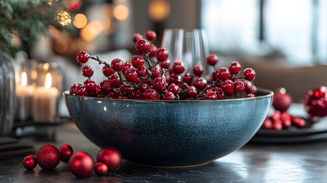 Christmas Table Centerpiece with Red Berries and Festive Elements