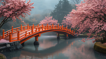Red bridge, cherry blossoms, misty garden, serenity, travel poster