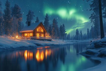 Fototapeta premium aurora borealis dancing over isolated nordic cabin, snow-covered pine forest reflecting ethereal green and purple lights