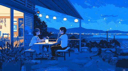 A pixel art scene depicting a cozy date night under a starry sky from a unique perspective