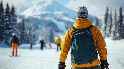 Person in yellow jacket observing snowy mountain slope with skiers.