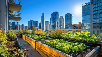 Fototapeta premium Rooftop garden at urban high-rise showcasing fresh vegetables with city skyline in the background under bright blue sky. Generative AI