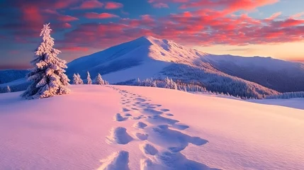 Selbstklebende Fototapeten Winter mountain landscape with footprints in the snow at sunset © Farid