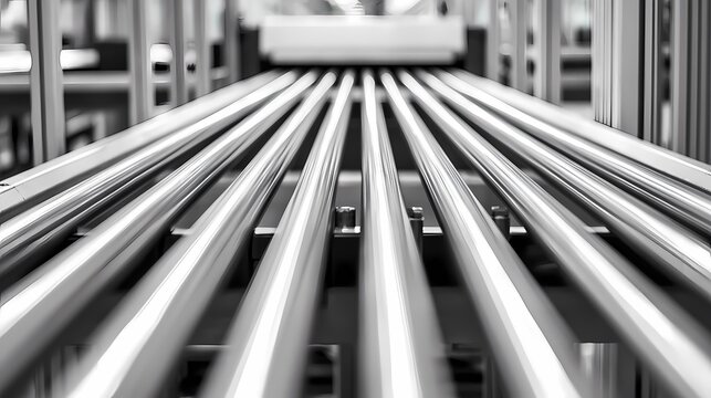 A close-up view of metallic rods aligned in parallel on a conveyor system, emphasizing a sleek industrial design in monochrome.