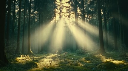 Obraz premium Sunbeams Illuminating a Mystical Forest